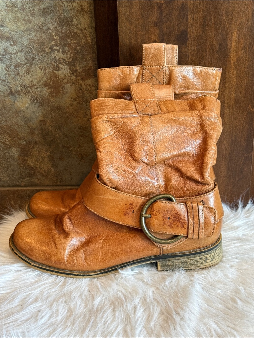 Steve Madden Cognac Leather Moto Boots Slouch Buckle Boho 9M Distressed Worn